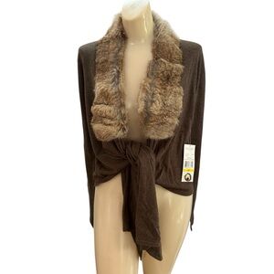 Karen Kane Women’s Cardigan Emerald Earth Detachable Fur Collar Rabbit Brown M